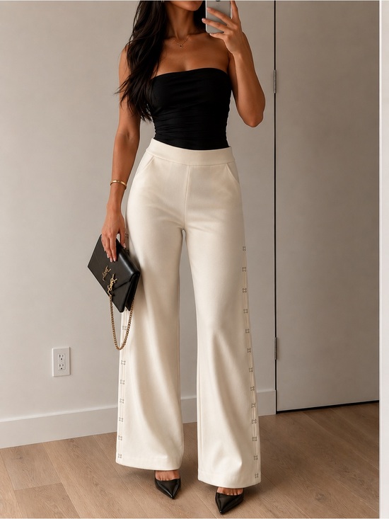 Jonathan Simkhai Pants - Jonathan Simkhai Cream Wide-Leg Snap-Trim Pants